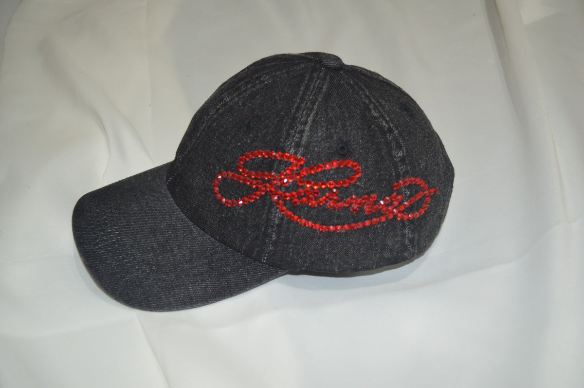 Crimson Rhinestone Acid Wash Denim Cap
