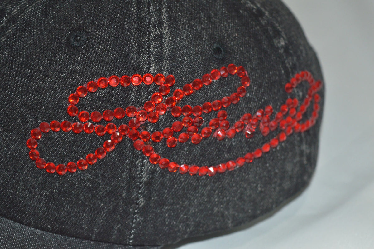 Crimson Rhinestone Acid Wash Denim Cap