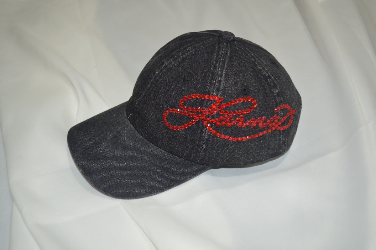 Crimson Rhinestone Acid Wash Denim Cap