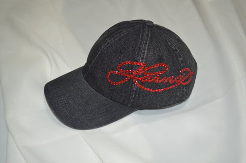 Crimson Rhinestone Acid Wash Denim Cap