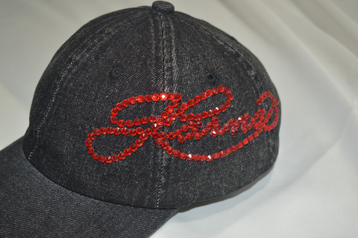 Crimson Rhinestone Acid Wash Denim Cap