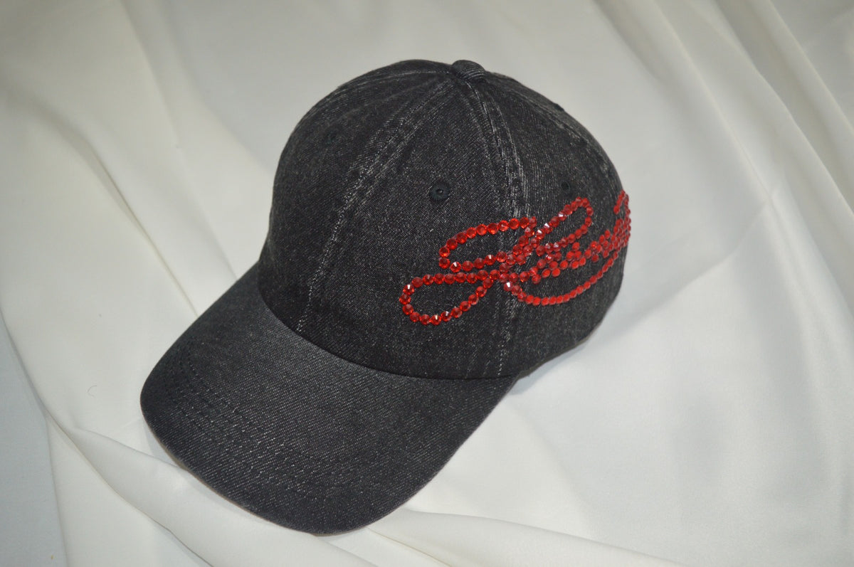 Crimson Rhinestone Acid Wash Denim Cap